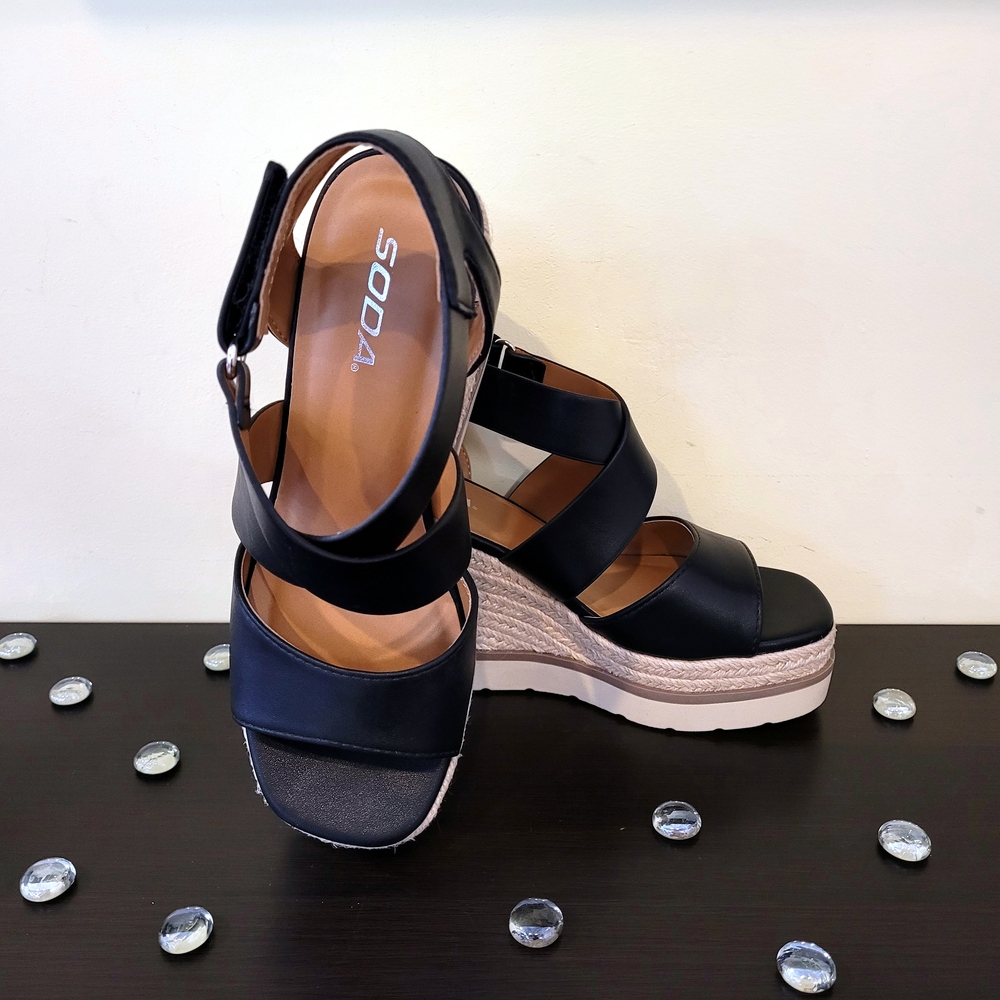 Soda Black Faux Leather Churro Wedge Sandals